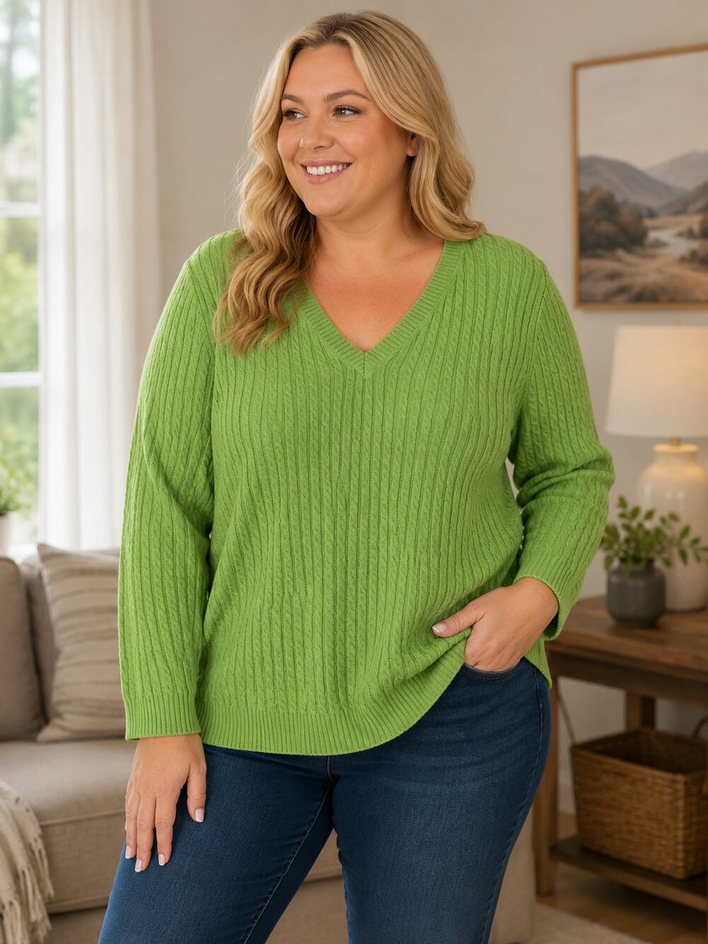 Talbots Pima Cotton Green Cable Knit V-Neck Sweater 1X Plus Size NWT